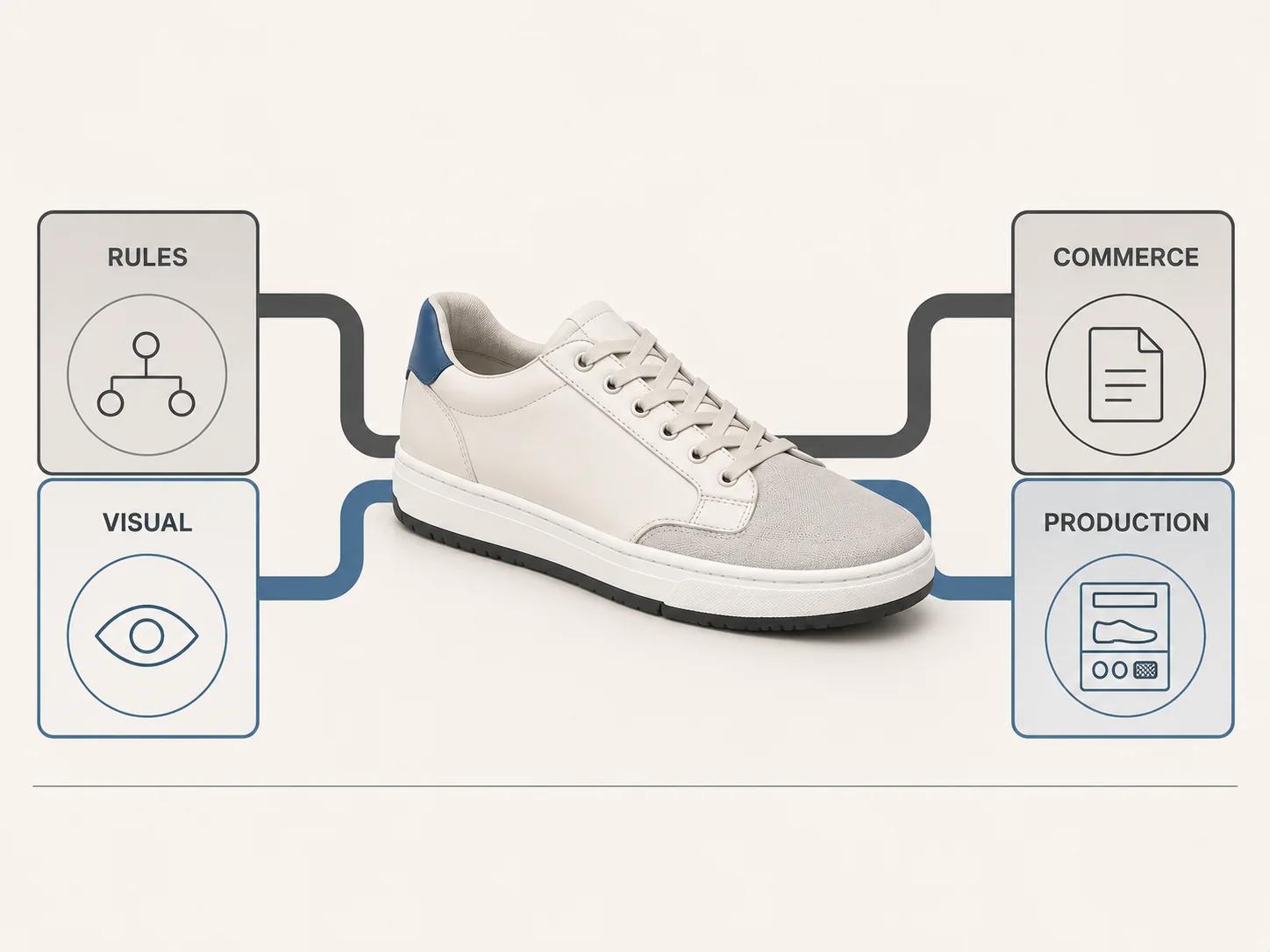 A single shoe bridges rules and visual inputs to separate commerce and production outputs, showing that one configuration identity must serve both destinations.