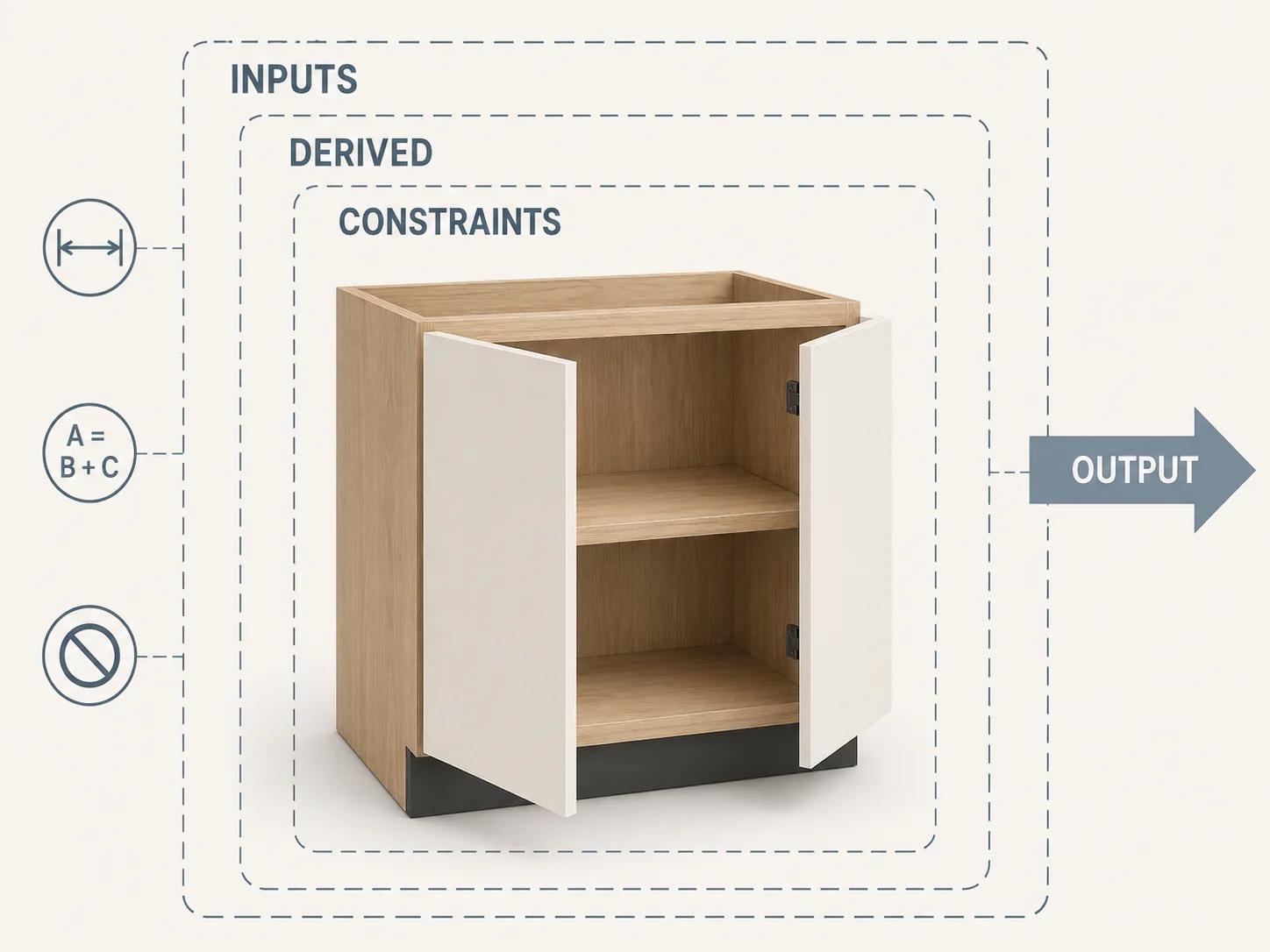 A single base cabinet is enclosed by separate input, derived-value and constraint brackets, with one output arrow indicating that each rule layer has a distinct job.