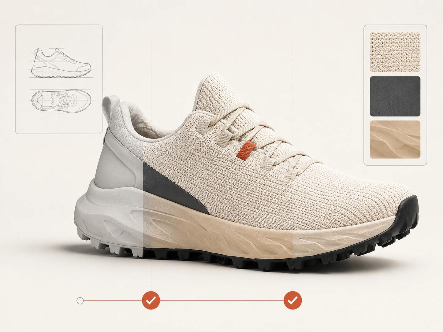 One trail running shoe progresses from neutral geometry to verified materials and final lighting, supported by a drawing and finish evidence rather than vague realism notes.