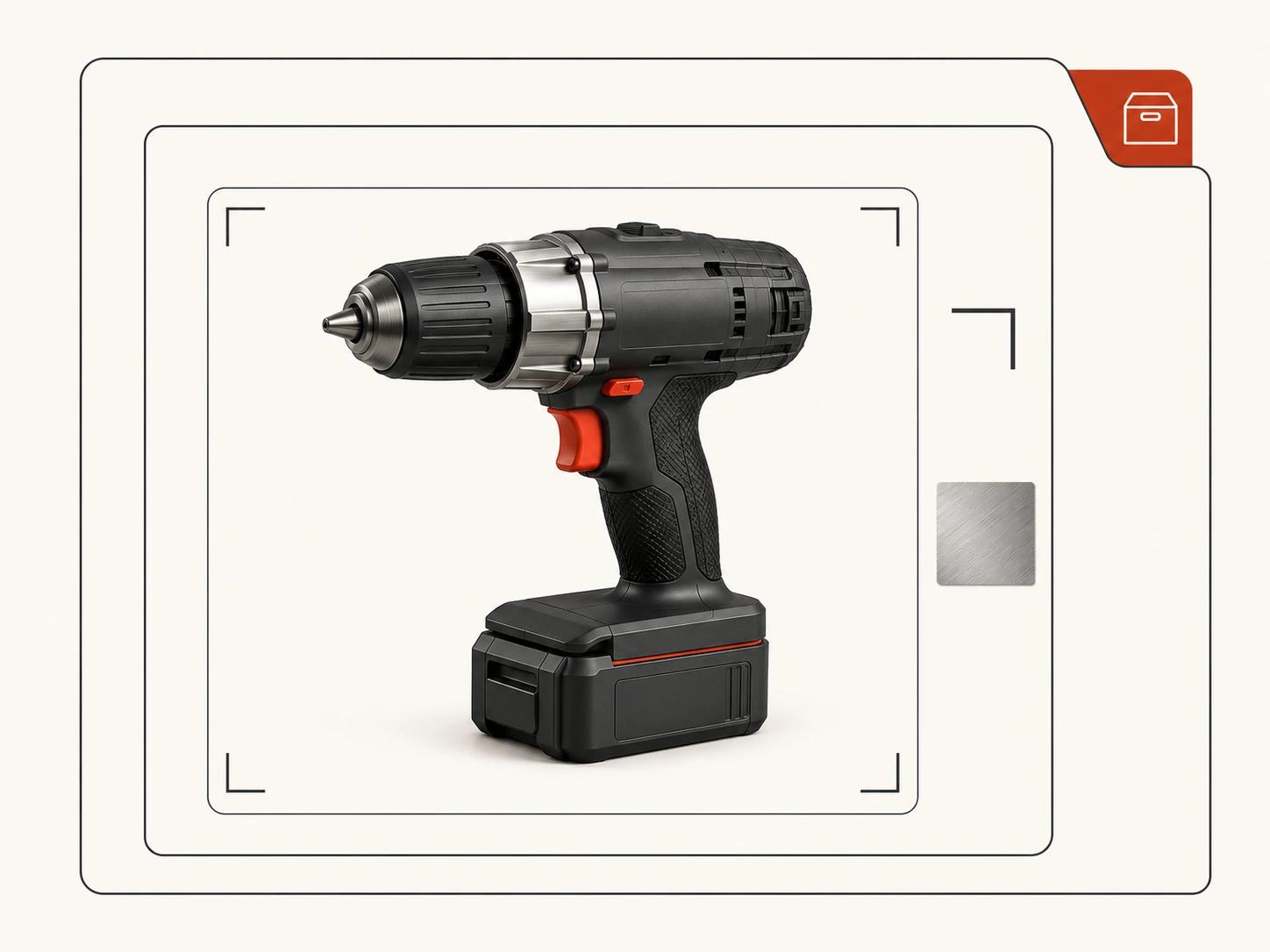 Three nested scope frames surround one cordless power drill, separating a controlled product set, a broader image system and a reusable source handoff without showing prices.