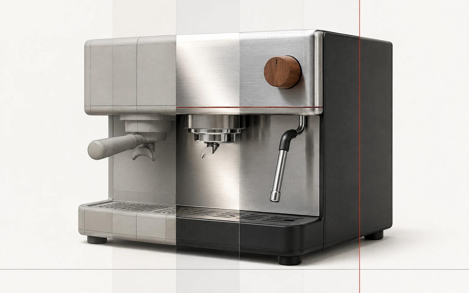 One espresso machine remains continuous across six broad inspection bands for geometry, materials, lighting, camera, color transformation and final art direction.