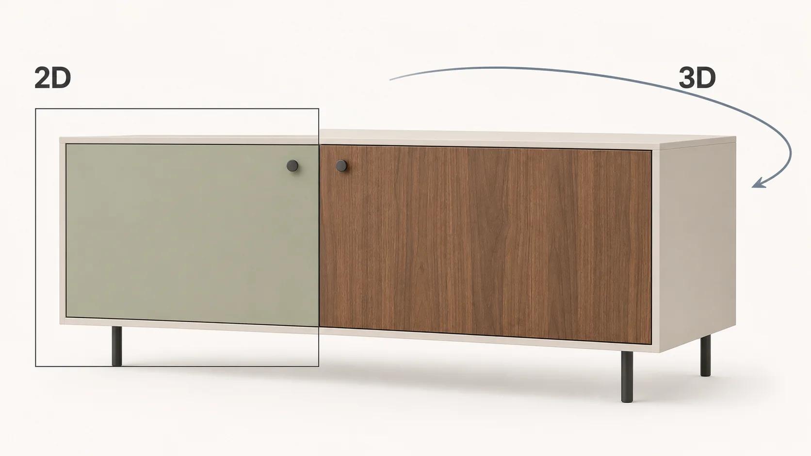 One modular sideboard changes from a controlled flat front view into inspectable three-dimensional depth, framing the catalog choice between 2D and 3D.