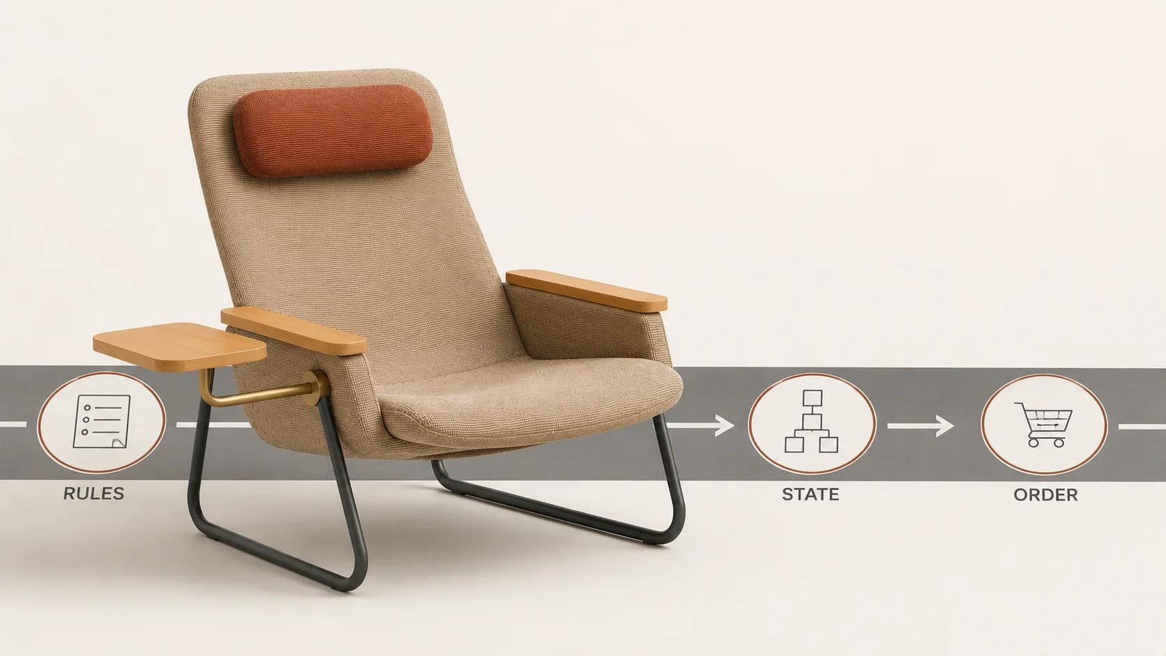 One modular lounge chair crosses neutral rules, state and order gates, representing the same configuration challenge for every shortlisted vendor.