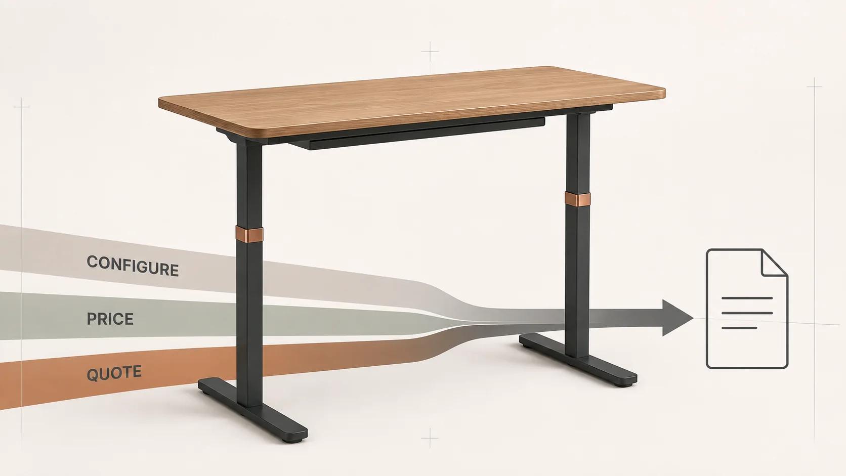 A modular standing workstation sits where configuration, price and quote rails meet, showing the 3D product as one consumer within a wider CPQ architecture.