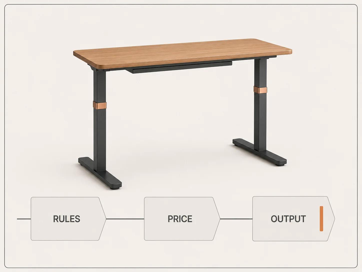 One configured workstation meets separate rules, price and output gates, with an amber pause bar showing that an unresolved mismatch blocks the handoff.