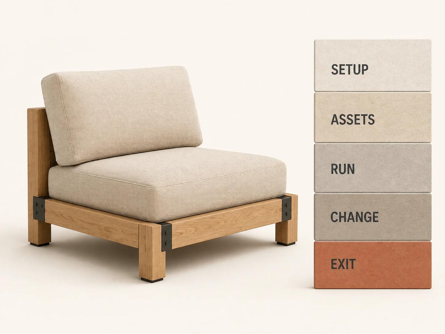 A modular lounge chair sits beside a five-layer stack for setup, asset, runtime, change and exit costs, showing why viewer TCO extends beyond the initial quote.