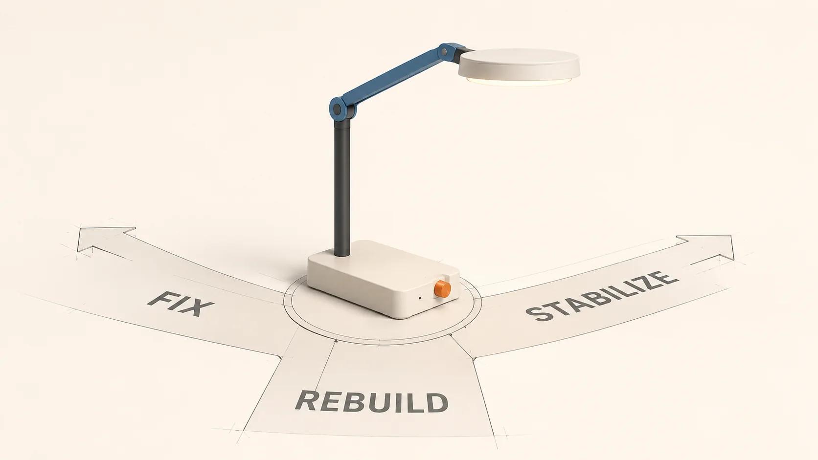 One modular task lamp stands at three neutral routes labelled fix, stabilize and rebuild, showing that diagnosis must decide the route.