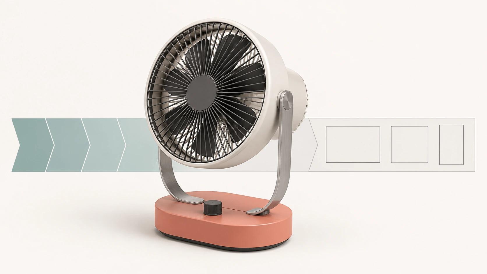 A compact desk fan stands before a segmented motion ribbon that ends in landscape, square and vertical frames, separating story choice from channel shape.