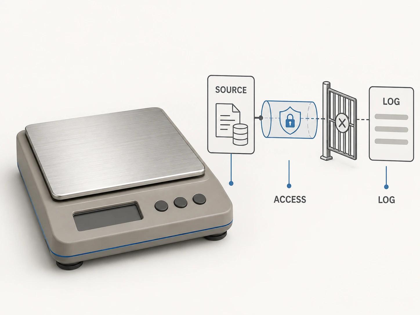 A precision kitchen scale is linked to a controlled source package, named access gate and audit log, with a separate revocation control at the transfer boundary.