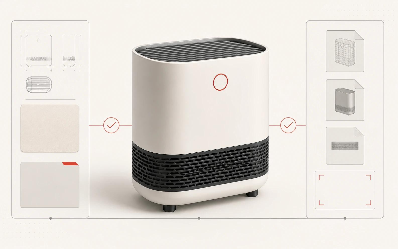 An approved air-purifier render connects a compact source-evidence panel to a delivery package, illustrating production governance around the software.