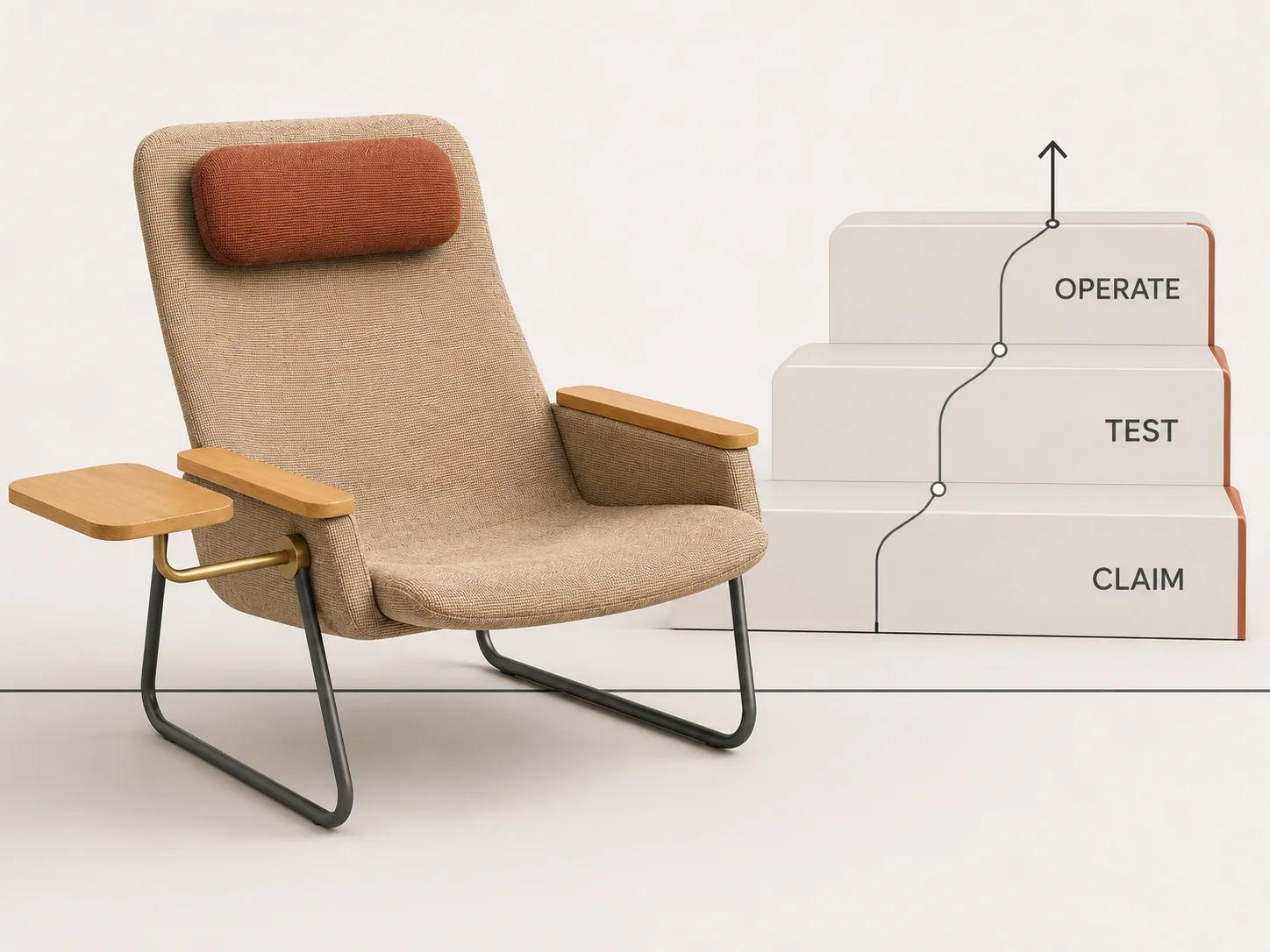 One lounge chair is evaluated beside neutral claim, test and operate stages, showing that evidence confidence grows separately from feature fit.