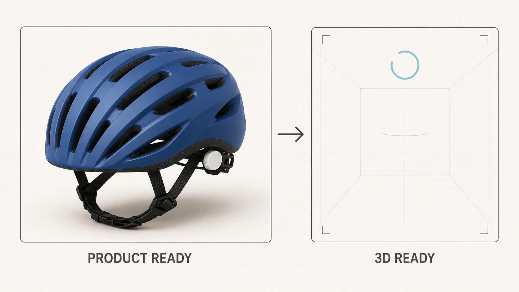 A cobalt road helmet remains visible in a fixed product frame while a separate 3D-ready stage loads, showing that product information can be usable before interaction begins.