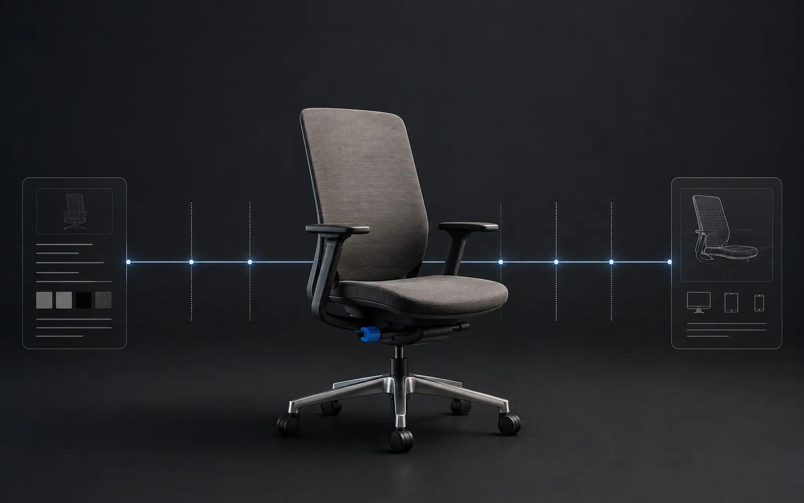 A single task chair moves through a seven-segment version line connecting catalog registration, approved master, derivatives and verified destination readback.