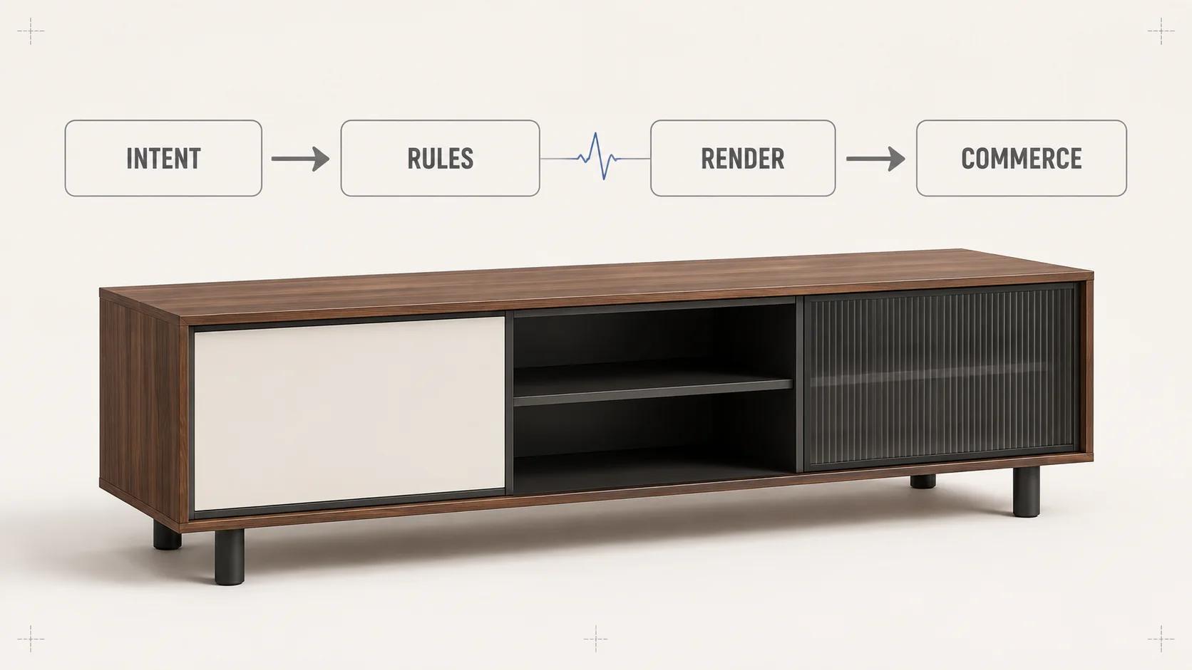 A modular media console sits beneath one rail connecting intent, rules, rendering and commerce, showing that a real-time configurator needs one governed runtime state.