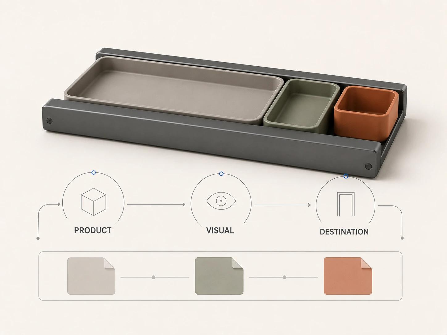 A modular organizer is reviewed through separate product, visual, and destination gates, with none shown as automatically approved by another.