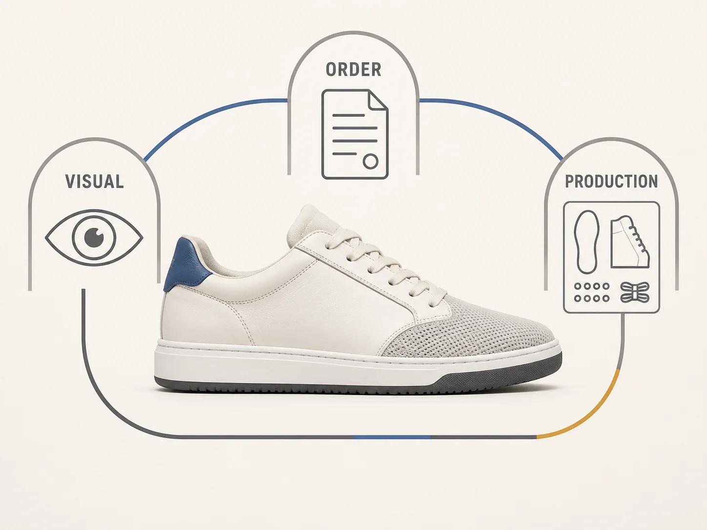 One athletic shoe moves through separate visual, order and production arches, indicating that each layer needs its own evidence and approval.