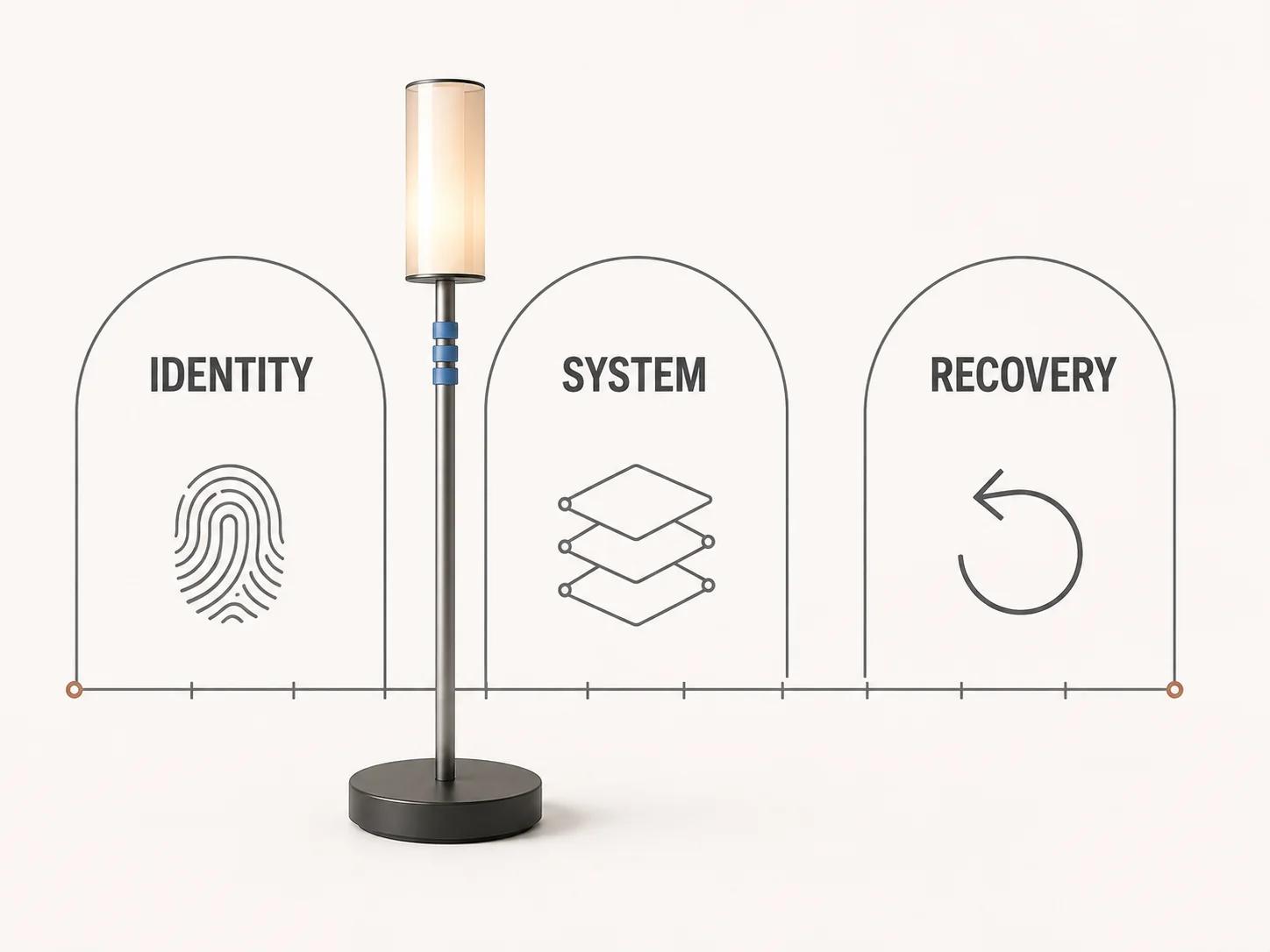 One modular lamp passes through identity, system and recovery arches above eight evidence notches, showing that each affected release gate needs proof.