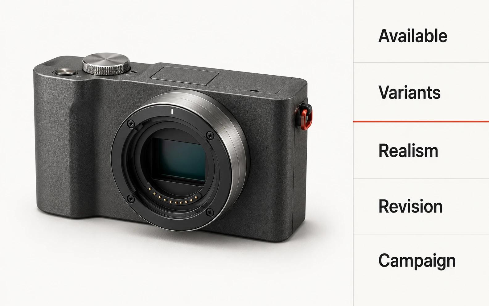 A dominant compact mirrorless camera beside a five-band decision rail for physical availability, variants, realism, revisions and campaign needs, with no winner score.