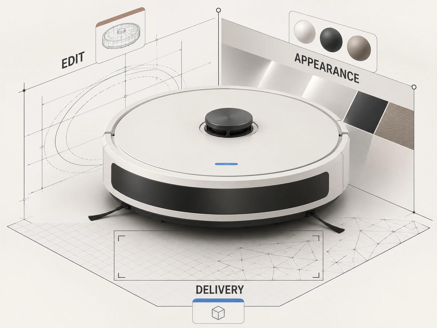 A single robotic vacuum sits inside separate edit, appearance, and delivery sides of a decision frame, with each side requiring its own evidence.