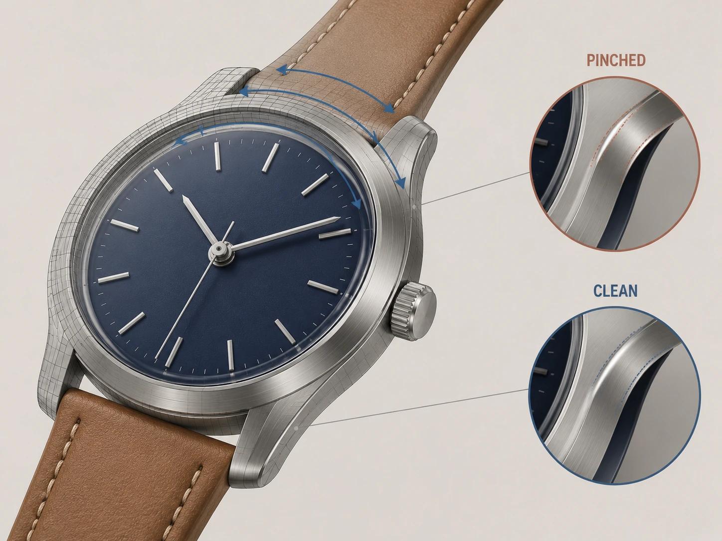 A brushed-steel watch case shows topology and normal flow, with two close magnifiers comparing a pinched reflective corner against a clean continuous highlight.