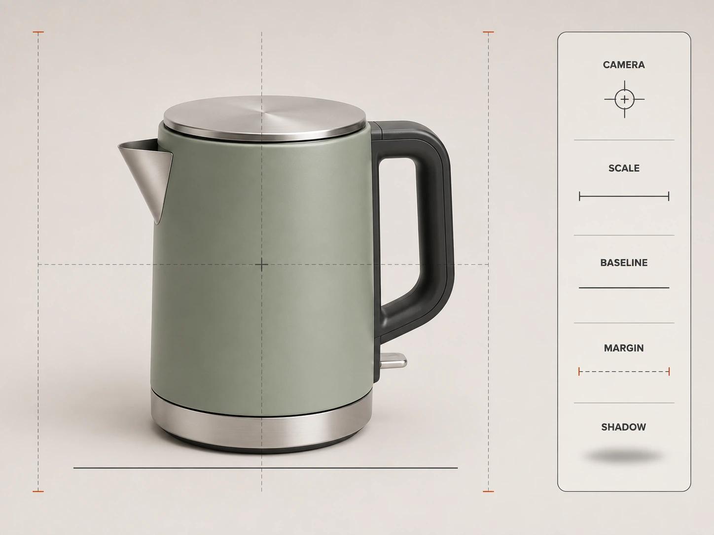 One kettle is checked against camera, scale, baseline, margin, and shadow guides so drift across a render set can be spotted before export.