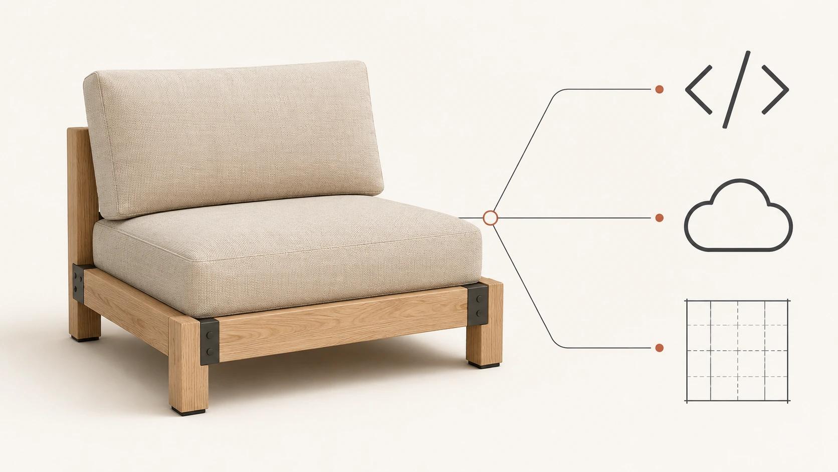 A modular lounge chair sits beside three branching paths representing library integration, managed service and custom viewer operating models.