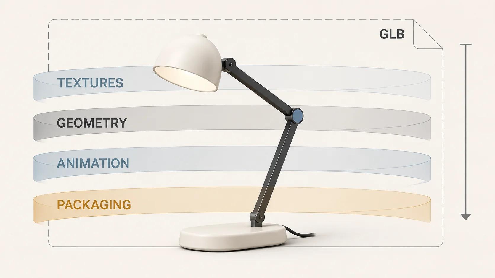 One articulated desk lamp is crossed by four broad layers for textures, geometry, animation and packaging, showing that an oversized GLB must be measured by cause before repair.