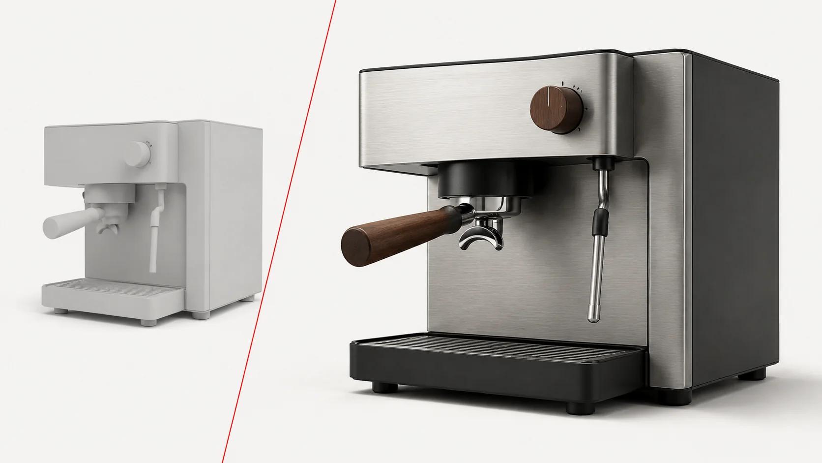 A clay blockout transitions into the approved final render of one espresso machine, showing why form is reviewed before finish and lighting.