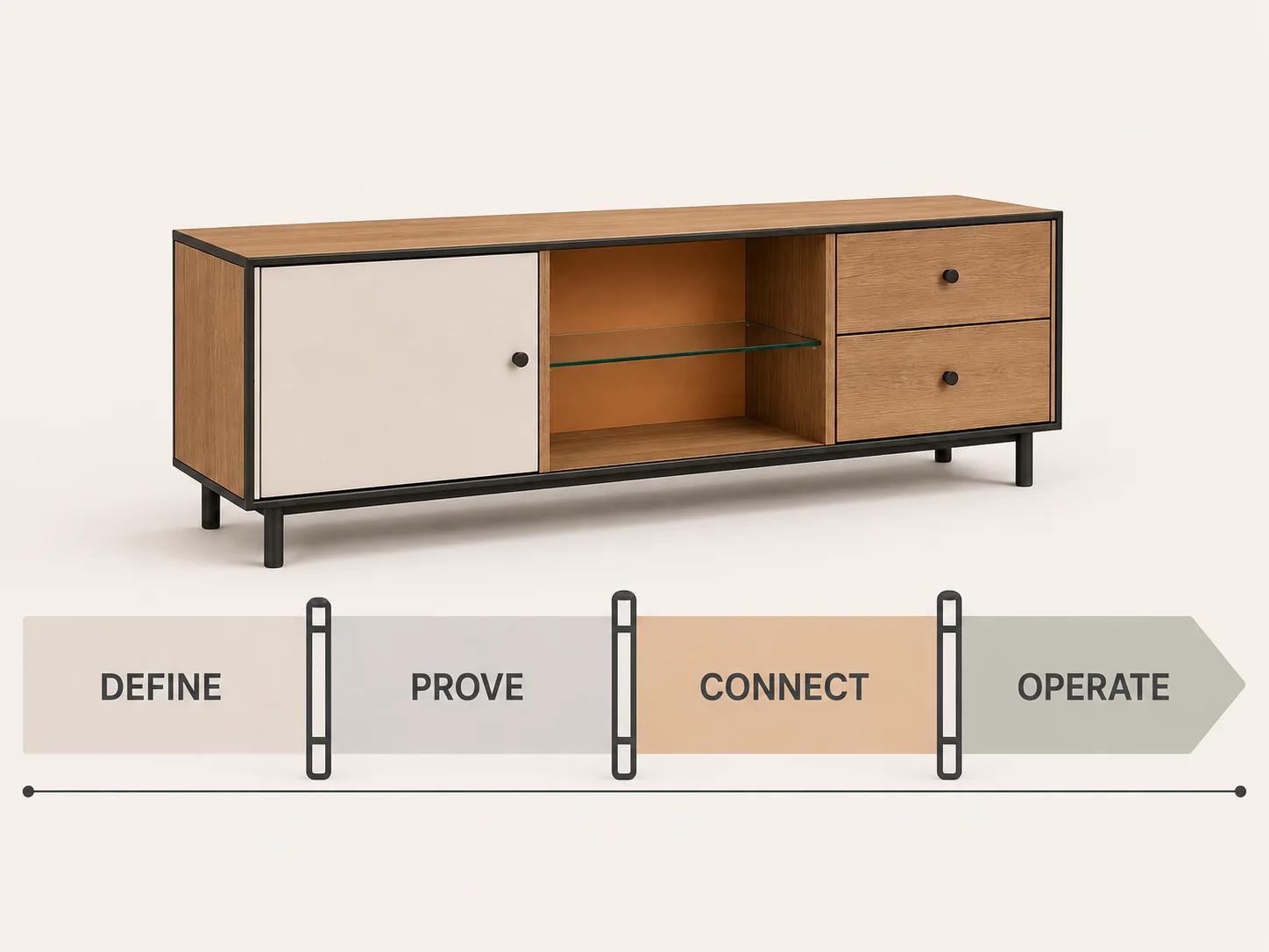 A modular console follows four neutral evidence gates labeled define, prove, connect and operate, with no fixed dates or claimed pass state.