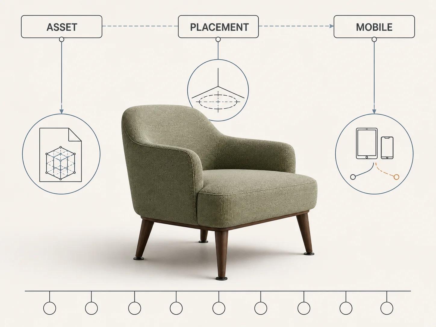 A lounge chair moves through neutral asset, placement and mobile review bands above nine evidence notches, showing that each checklist row needs its own pass.
