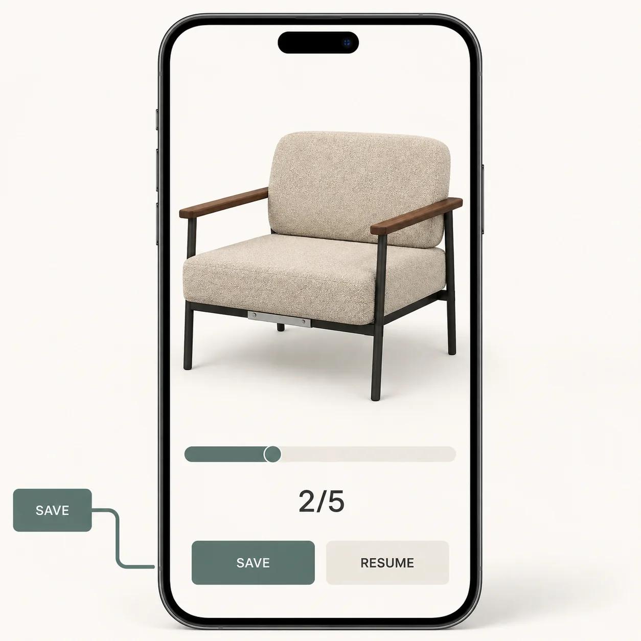 A phone-sized configurator keeps a modular lounge chair, step 2 of 5 and large controls visible, with a save token showing that the session can be resumed.