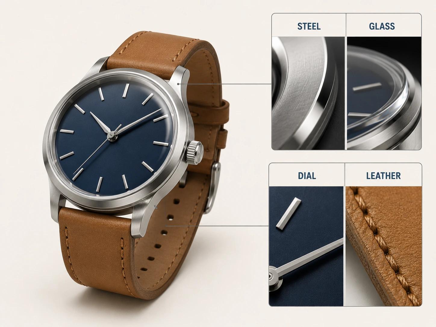 A close wristwatch view and two macro panels compare directional brushed steel and domed glass with the navy dial finish and lengthwise tan leather grain.