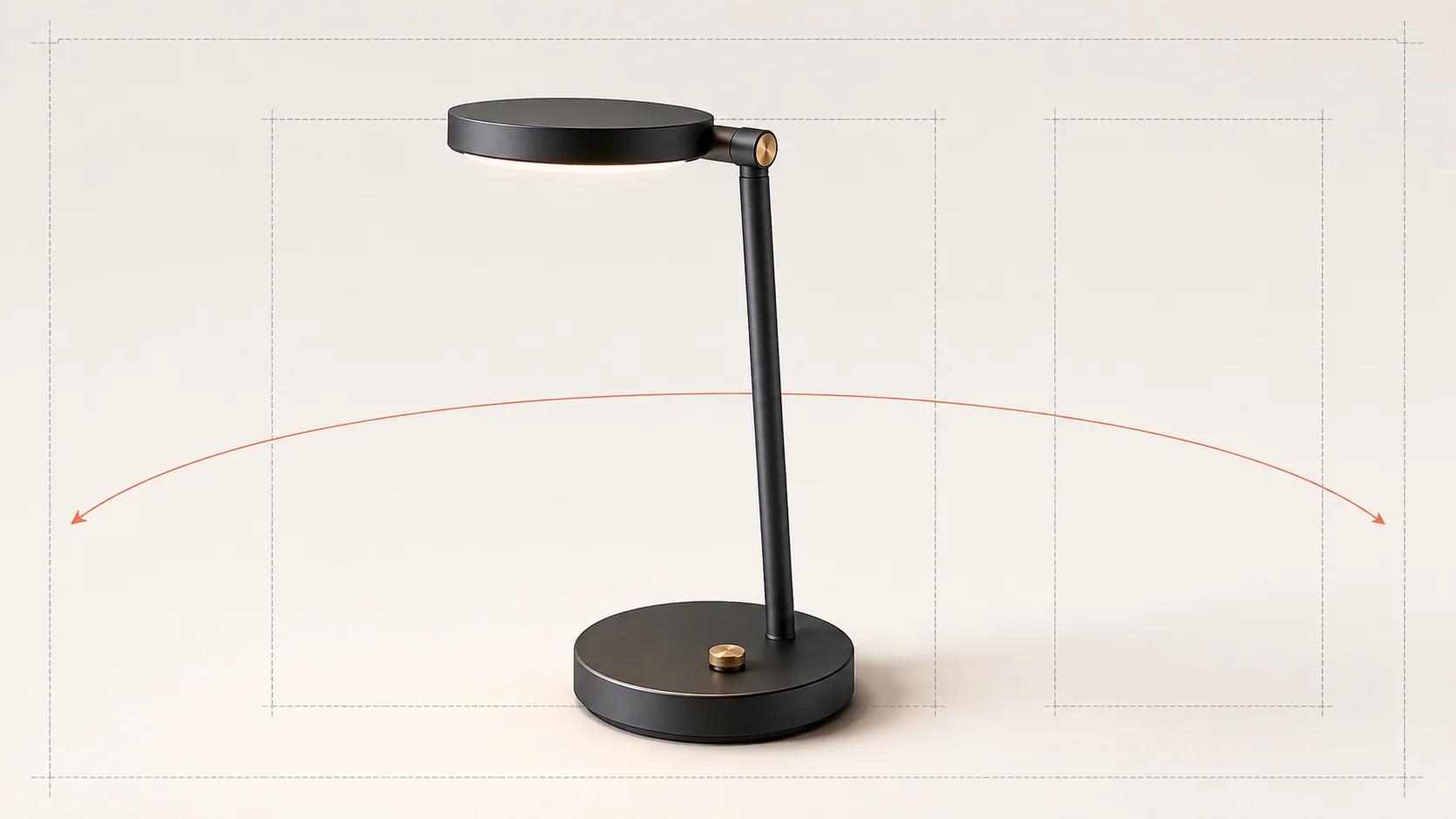 A charcoal task lamp sits within three nested crop guides, showing a launch shot system built around one controlled product.