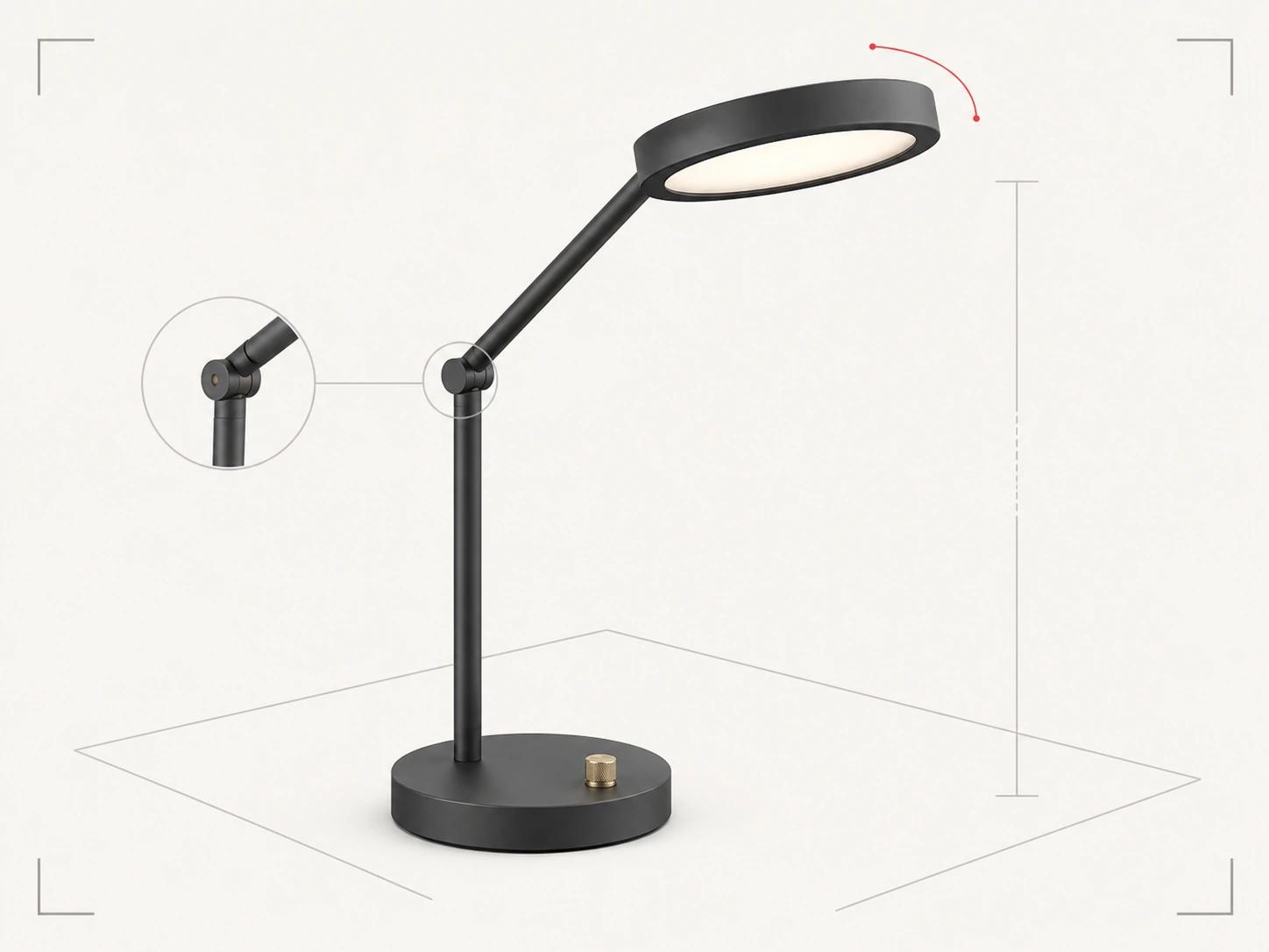 One portable task lamp sits at the center of five distinct framing cues for hero, detail, feature, scale and context shots.