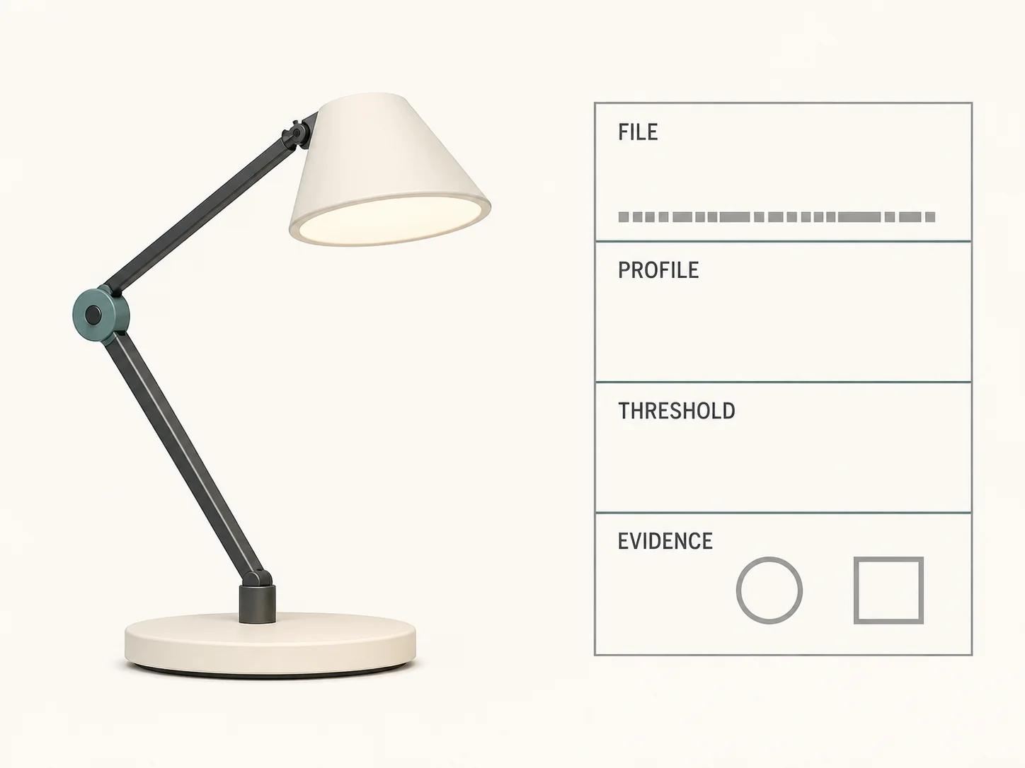 One task lamp sits beside four evidence fields for the exact file, test profile, acceptance threshold, and retained evidence that must remain fixed across a performance change.