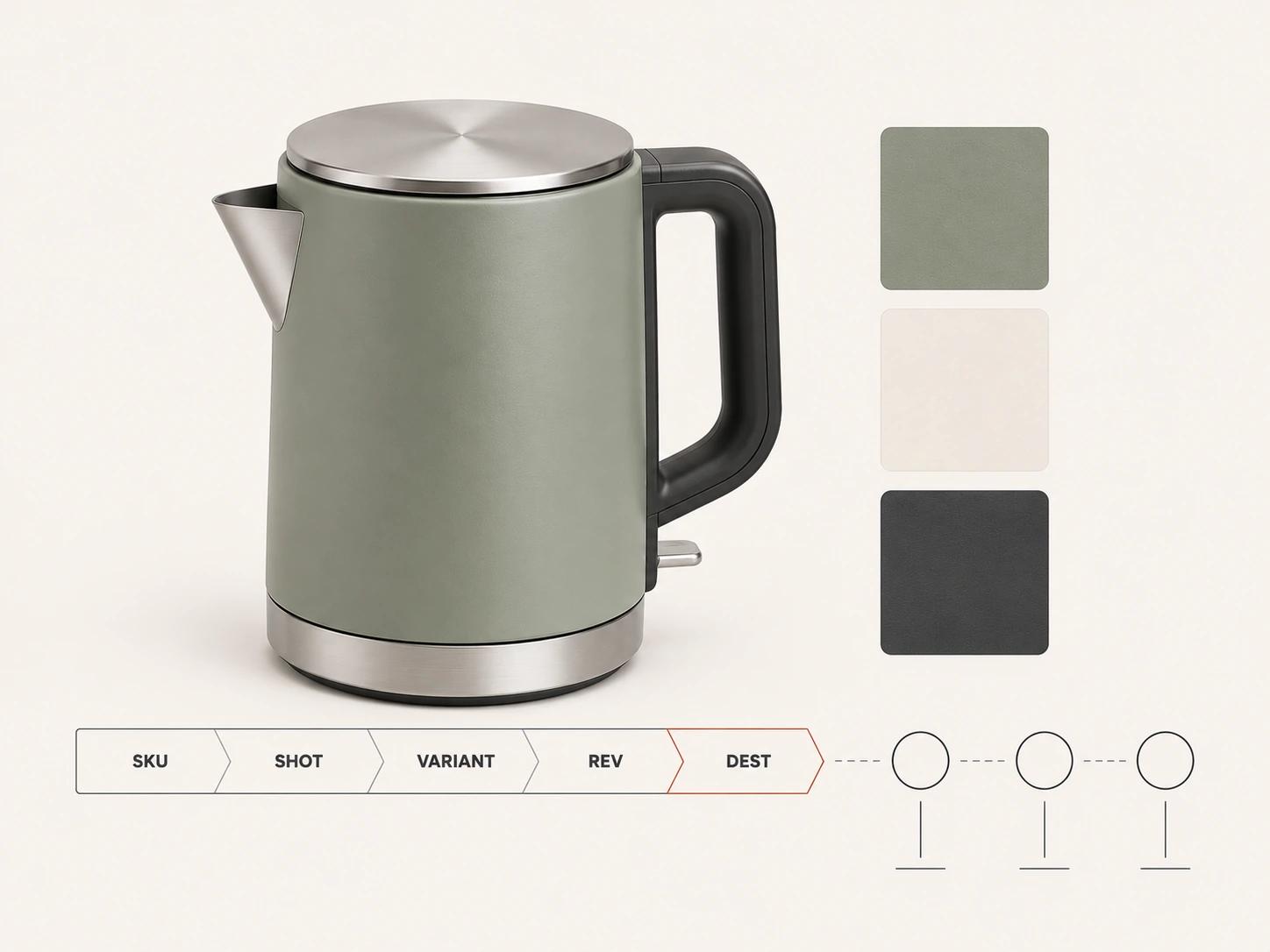 A sage kettle is linked to SKU, shot, variant, revision, and destination fields, then routed through separate product, creative, and release approval gates.