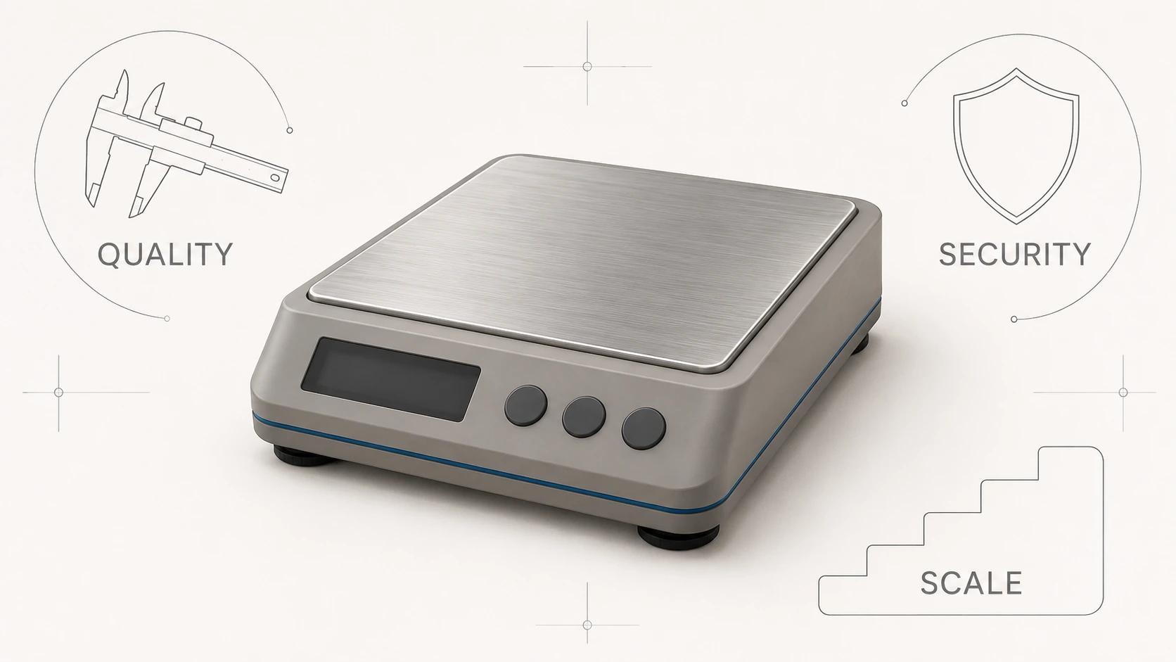 A precision kitchen scale sits inside separate quality, security and scale review gates, with none shown as automatically passed by another.
