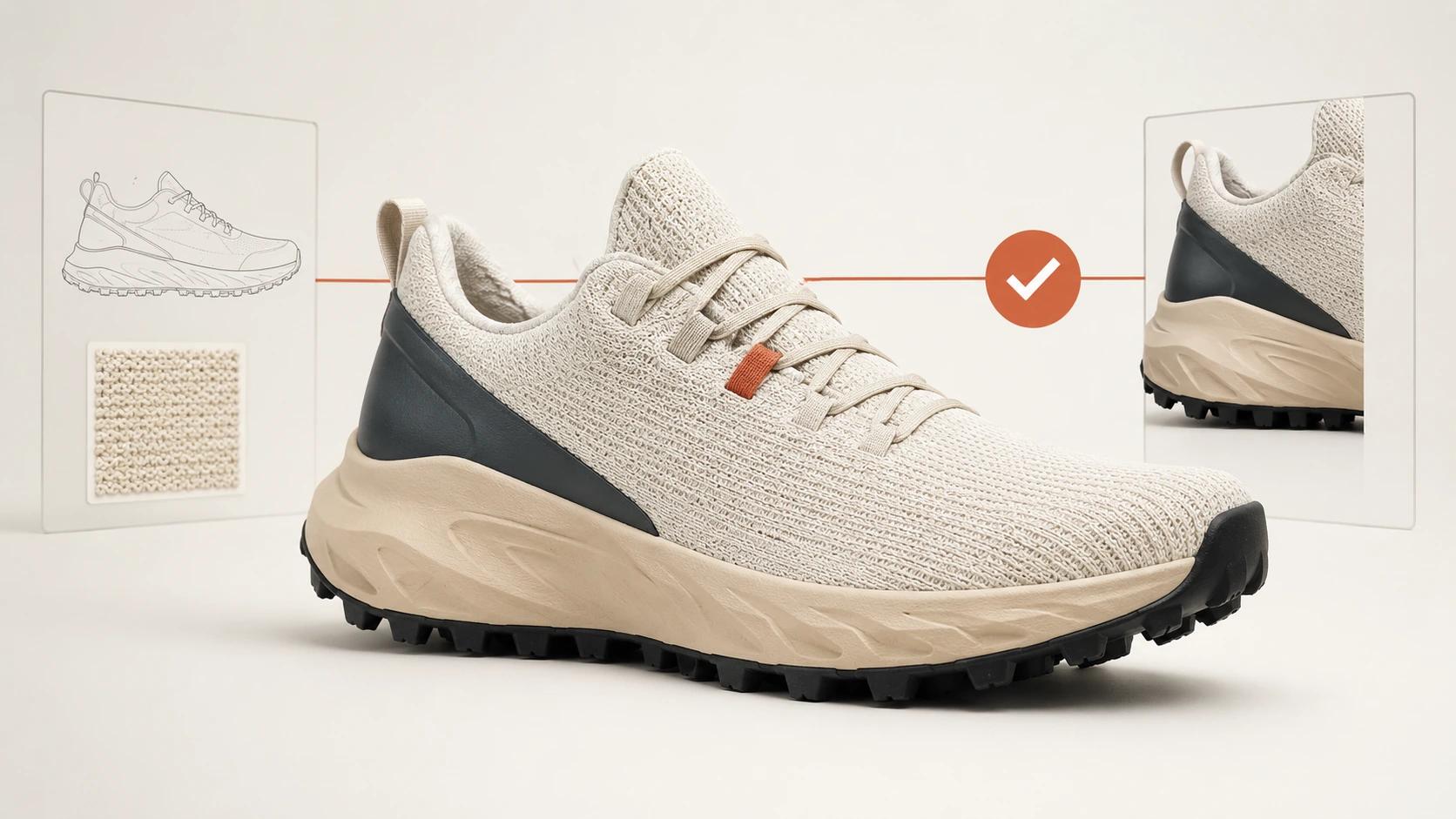 A single trail running shoe moves from product evidence through a visible review gate to an approved final image, representing evidence-led vendor selection.