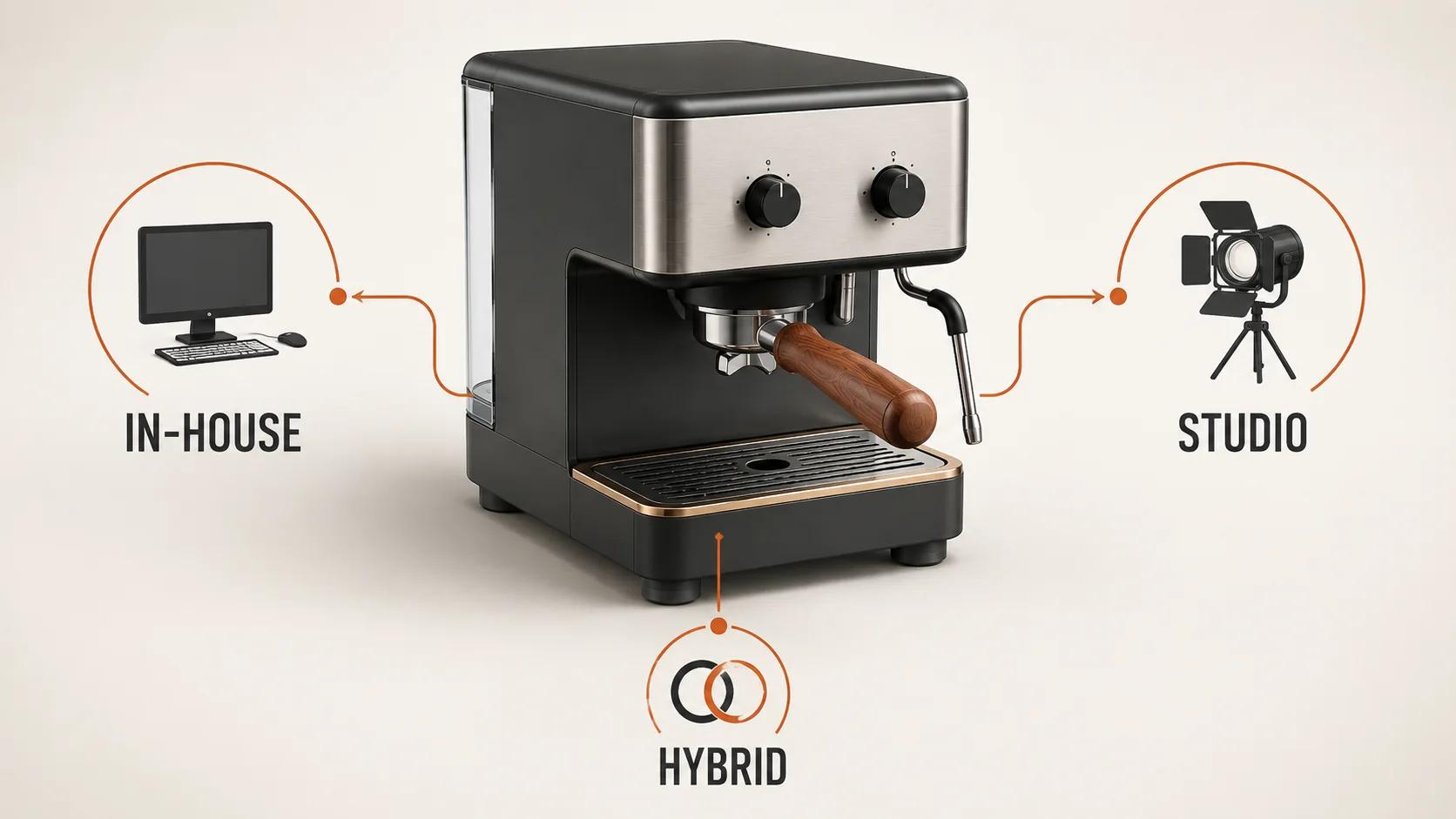 One espresso-machine asset sits at the center of three operating paths: internal software-led production, studio partnership, and a hybrid split.