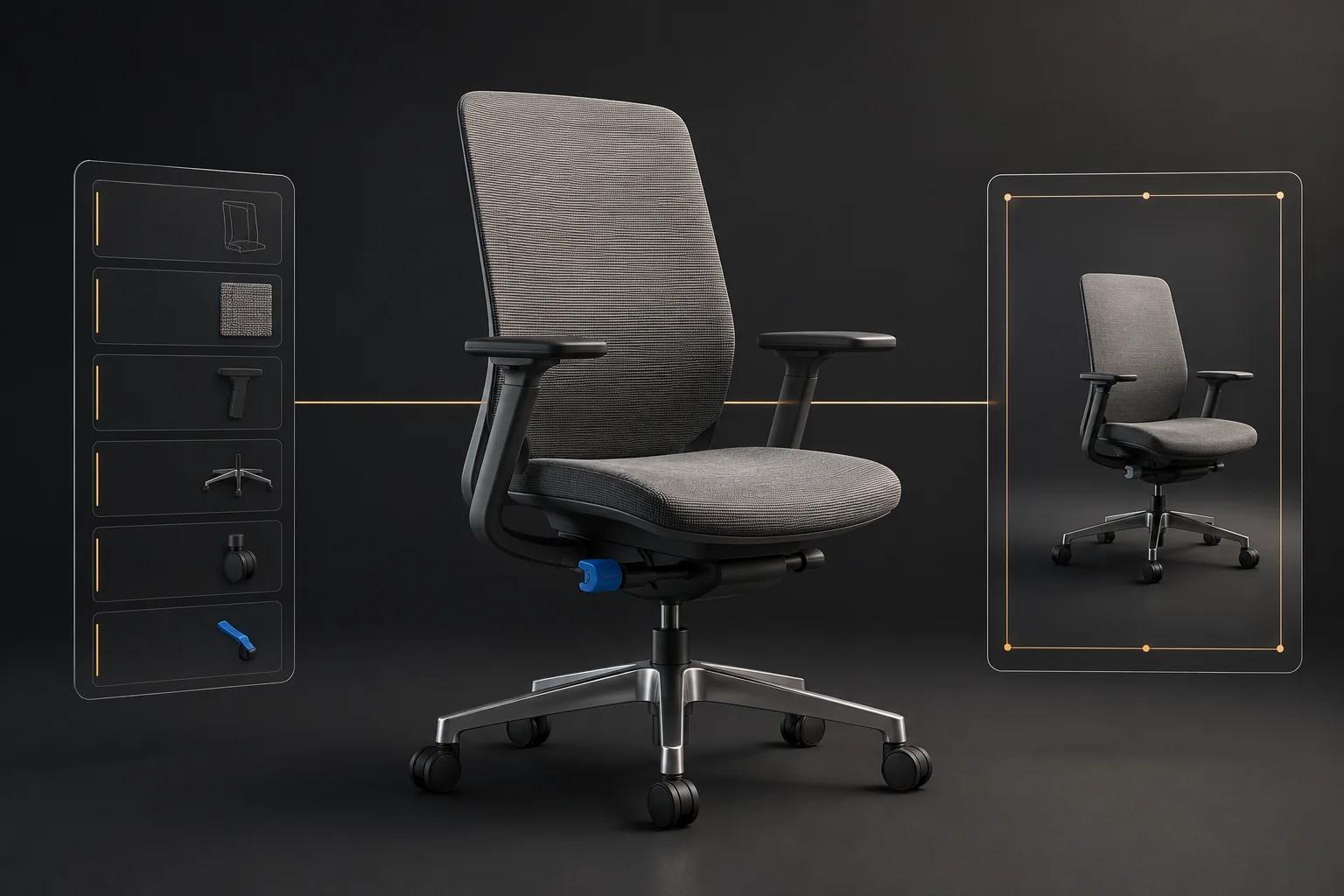 One modern task chair sits at the center of a controlled 3D content pipeline, with a source record on one side and an approved commerce destination on the other.