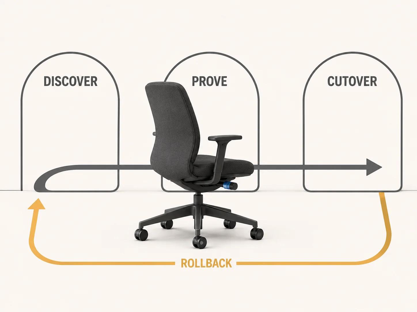 One task chair passes through discover, prove, and cutover arches while a separate rollback curve remains open, showing that each release gate needs evidence.