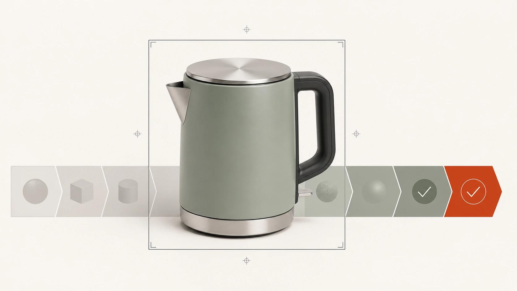 A sage-green electric kettle passes through seven restrained release gates for consistency, color, background, crop, file quality, variant identity, and approval.