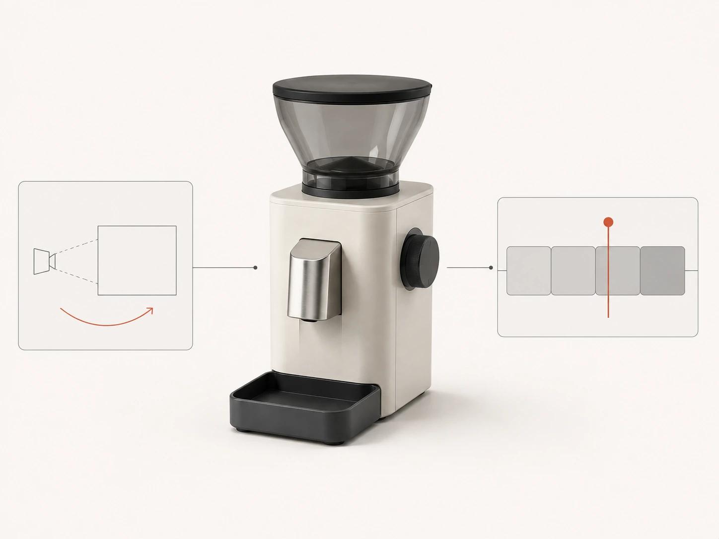 A single coffee grinder connects a sparse framing panel to a timed four-block animatic strip, separating shot approval from pacing approval.