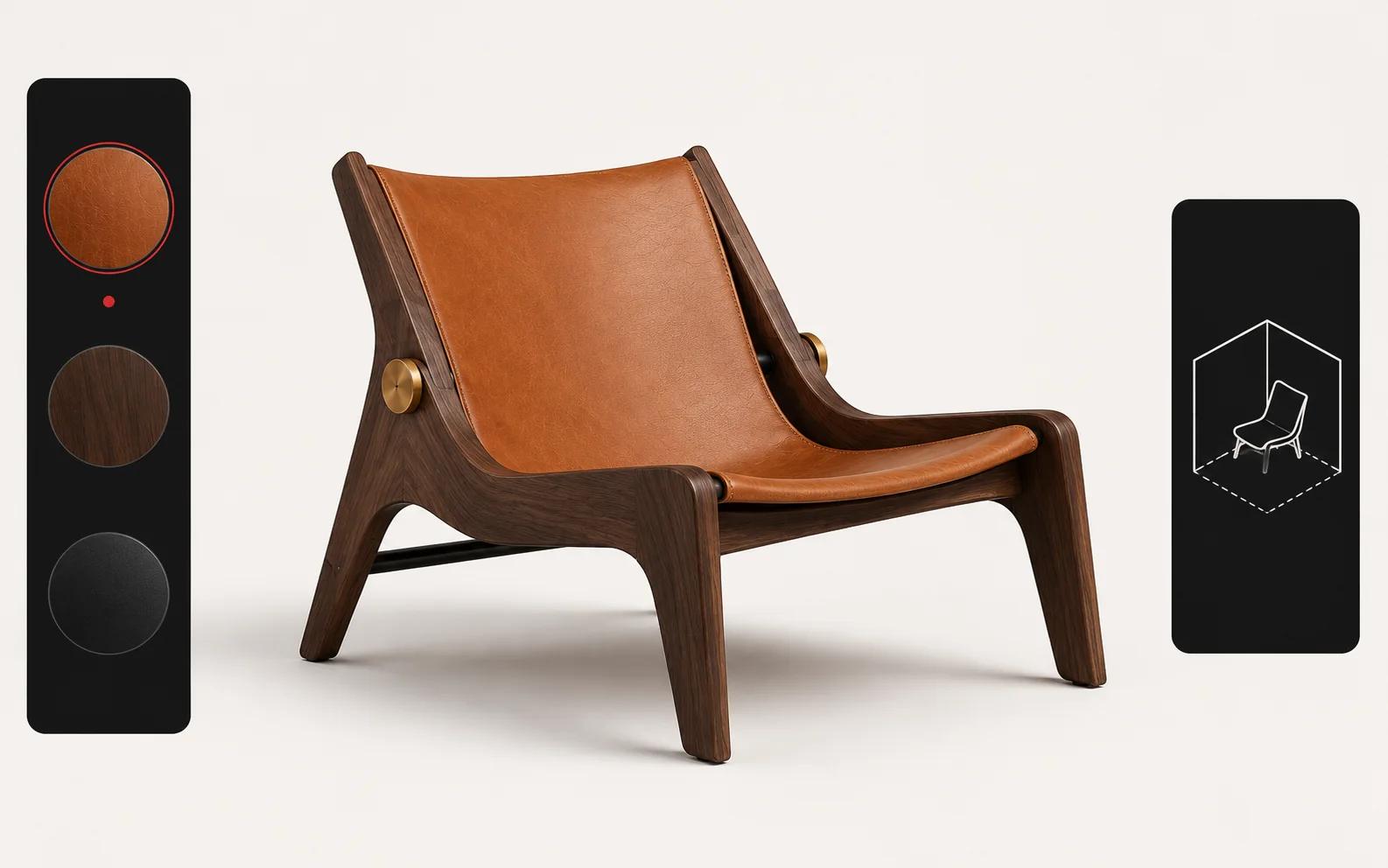 One luxury chair remains central while two restrained interface zones indicate configuration and in-context viewing patterns.