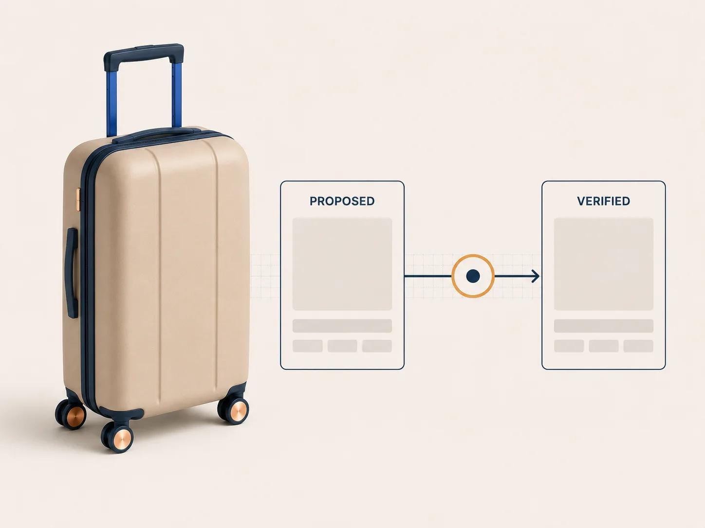 A configurable carry-on case sends a proposed browser price through a server validation spine before the transaction accepts it.