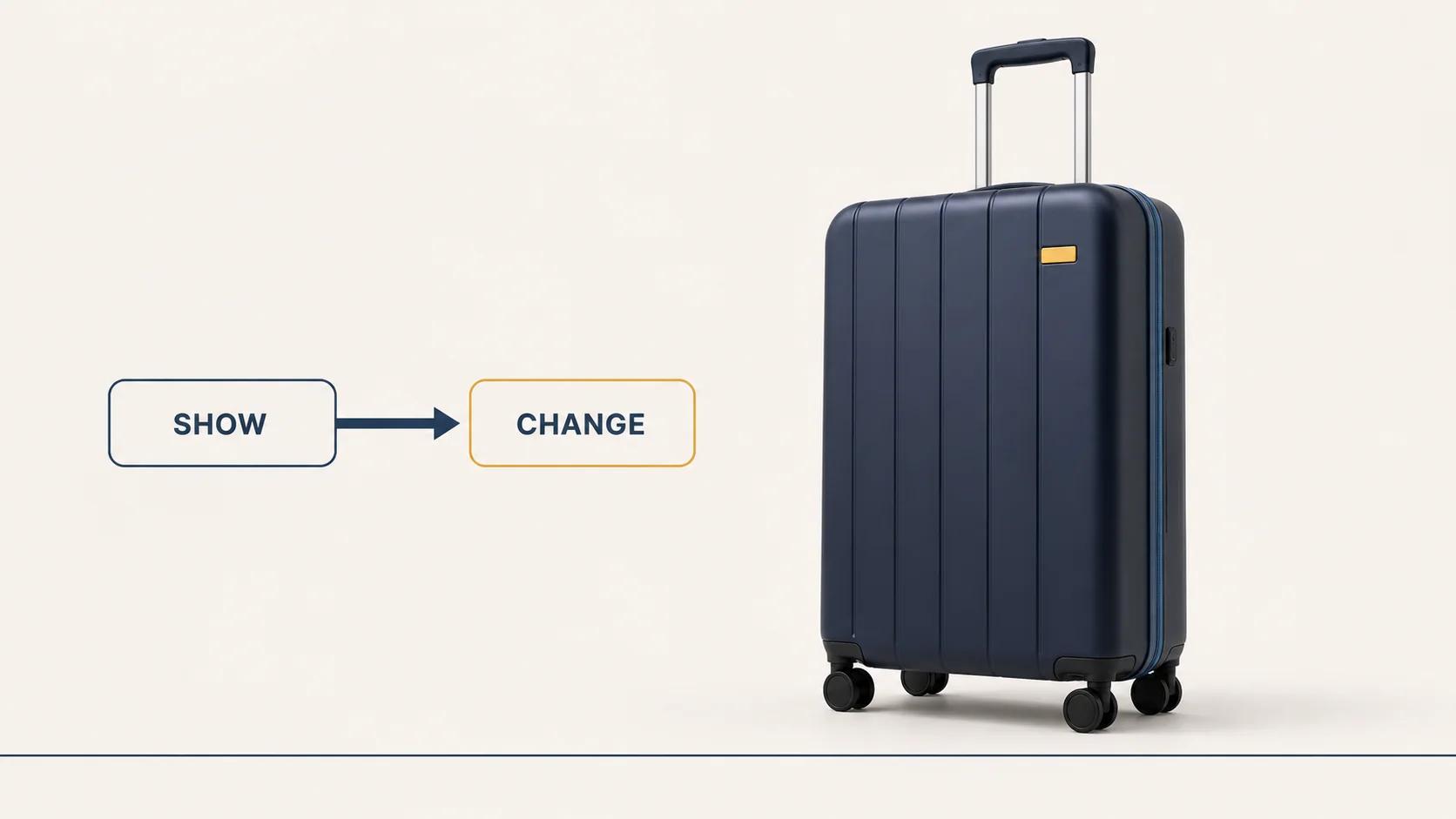 A modular suitcase stands beside a split rail that separates changing what a shopper is shown from changing the product ordered.