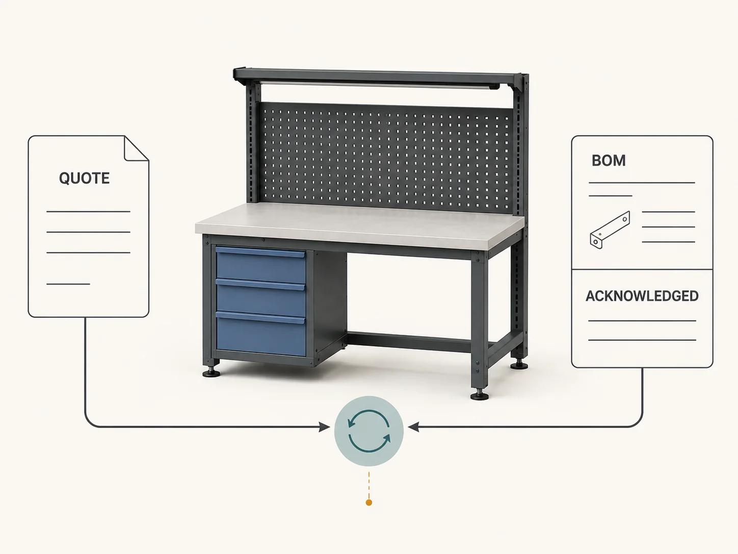 A single industrial workbench connects a quote record to a BOM and acknowledgement record, showing that all three must point to the same immutable configuration revision.