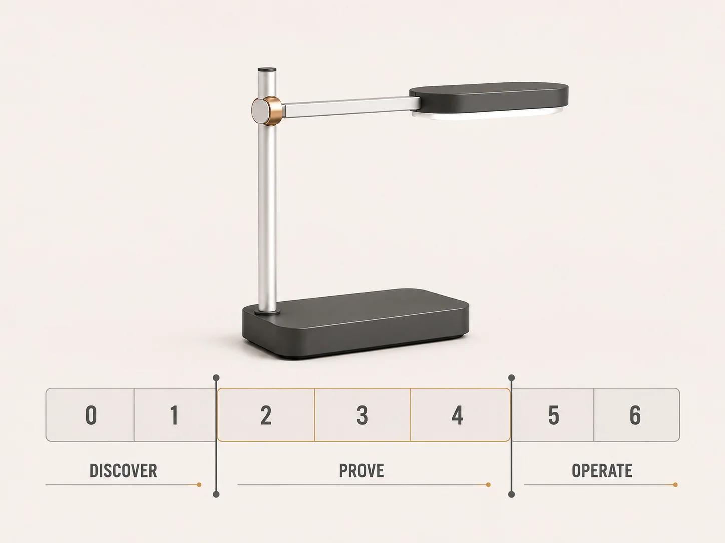 A modular task lamp follows a neutral seven-segment rail grouped into discovery, proof and operation, with gate bars showing that evidence controls progress.