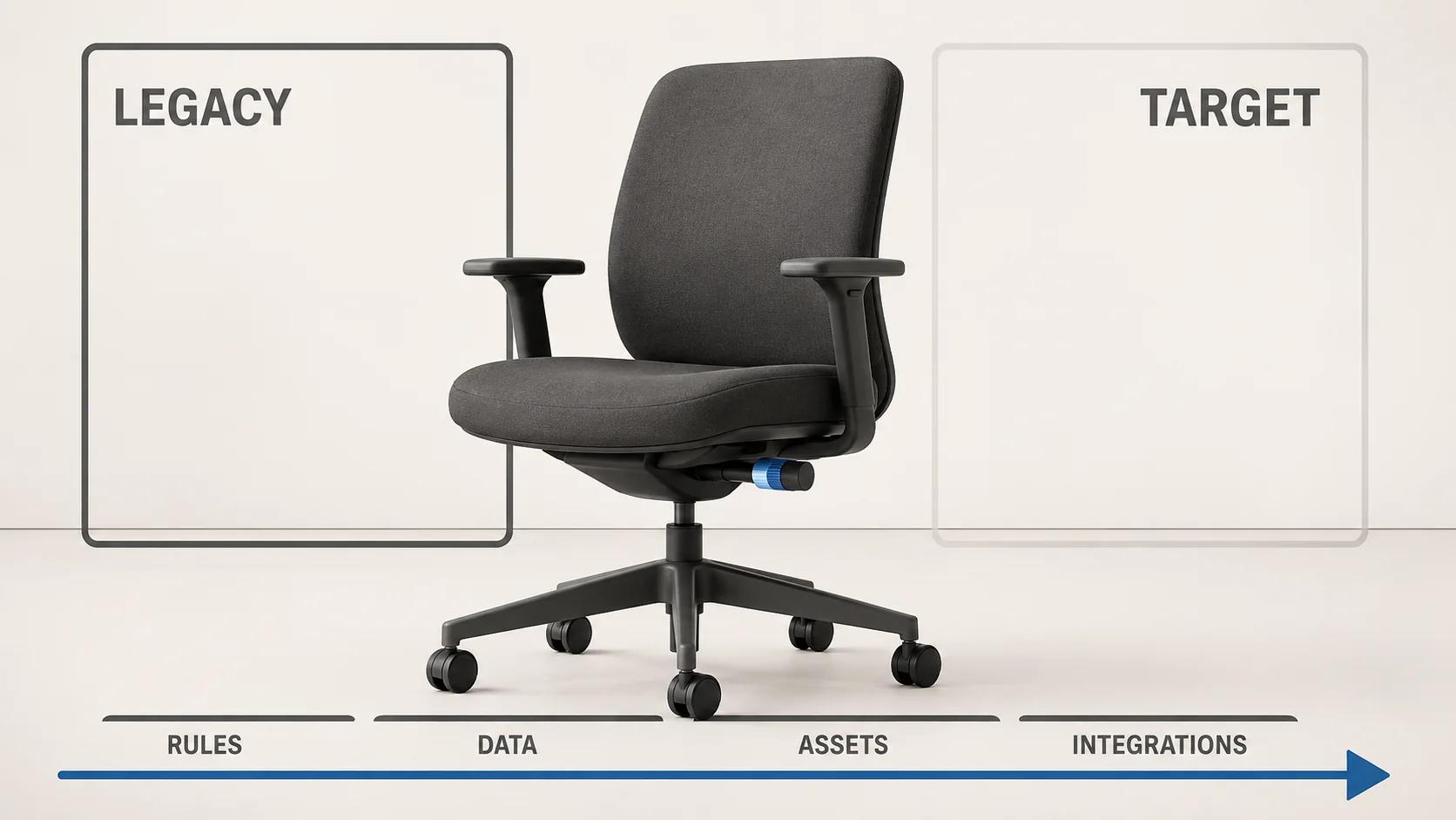 A single task chair bridges legacy and target system frames while separate rails carry rules, data, assets, and integrations across the migration boundary.