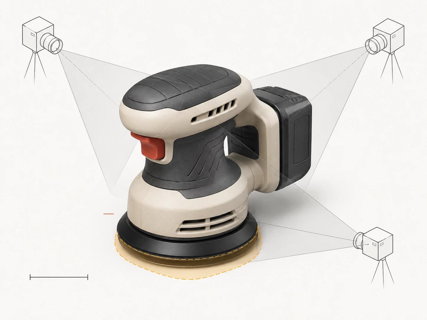 Three camera positions cover an orbital sander's grip, side and upper housing, while the underside near the sanding pad remains unresolved for measurement.